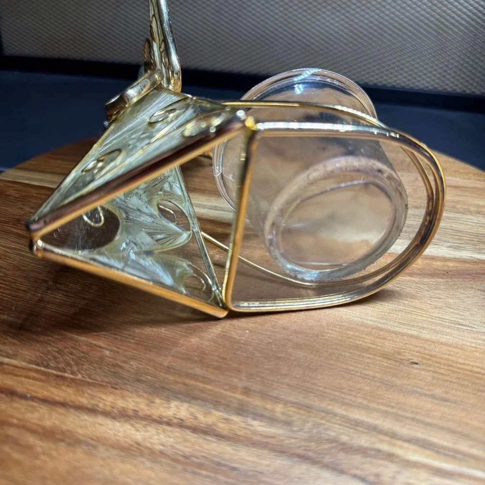 Vintage Gold Tone Wire Angel Votive Candle Holder Iridescent Glass 5.25 Inch